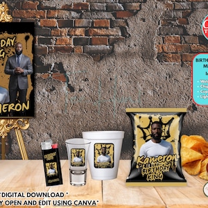 Birthday Party Favor Pack, Treat Bundle for Birthday King, Canva Template, Custom Bday for a Man, Editable DIY Digital Download, Sublimation