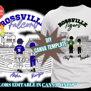 Op de afbeelding: Wit T-shirt met een honkbalontwerp. Het ontwerp toont honkbalspelers op een veld, met de tekst "Rossville Tigers" in groen. De tekst "DIY Canva Template" is ook aanwezig.