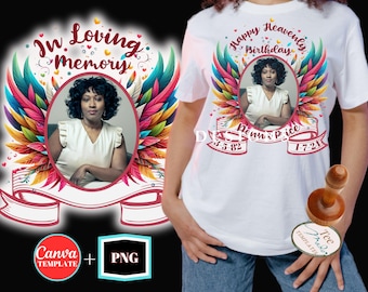 Cumpleaños celestial (PNG), En memoria amorosa (PNG), Diseño de camiseta conmemorativa con alas, Plantilla PNG y Canva, Diseño funerario de sublimación, DTF DTG