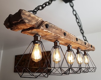 Drewniana lampa wisząca | Żyrandol rustykalny | Oświetlenie w stylu wiejskim | Drewniana oprawa oświetleniowa | Oprawa w stylu industrialnym
