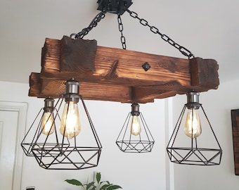 Wooden Pendant Light Fixture | Rustic Chandelier | Farmhouse Style Lighting | Wooden Beam Light Fixture | Industrial Style Fixture