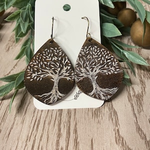 Distressed Wood Reverse Engraved Giving Tree Earrings - Unique Handmade Jewelry - Boho Chic Gifts - Nature-Inspired Accessories