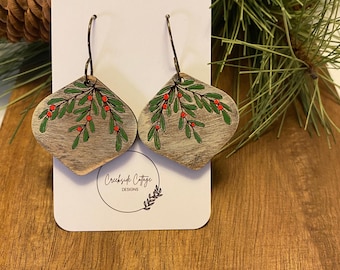 Holly and Berry Drop Christmas Earrings, Winter Earrings