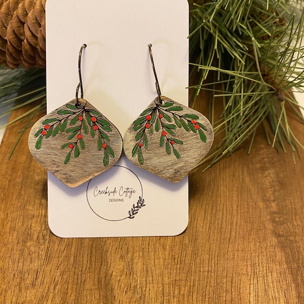 Holly and Berry Drop Christmas Earrings, Winter Earrings