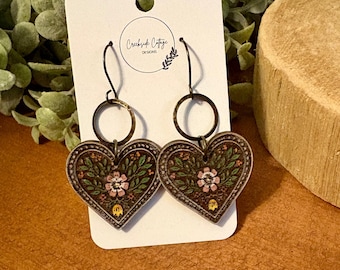 Heart Folk Art Drop Earrings No. 2, laser engraved, handpainted, wood earrings, nickel free