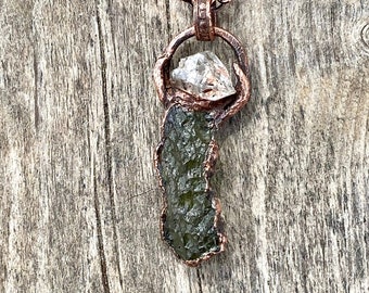 Amulet Shatki Goddess of Love Moldavite and Herkimer Diamond copper necklace| Genuine natural Moldavite vintage | Moldavite from Czech