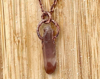 Amulet Pink Lithium Quartz Crystal Copper Necklace | Helps with Anxiety & Depression Gemstone jewelry Quartz necklace