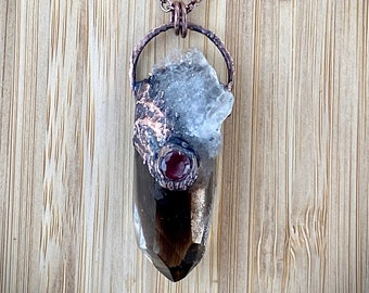 Handcrafted Amulet Smoky Quartz & red garnet copper statement crystal necklaces | talisman gemstone jewelry | Kundalini healing  jewellery