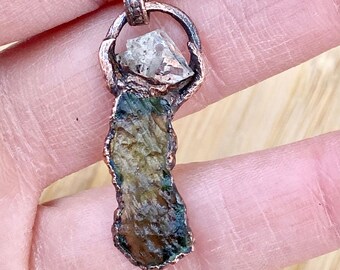 Amulet Shatki Goddess of Love Moldavite and Herkimer Diamond copper necklace| Genuine natural Moldavite crystals | Moldavite from Czech