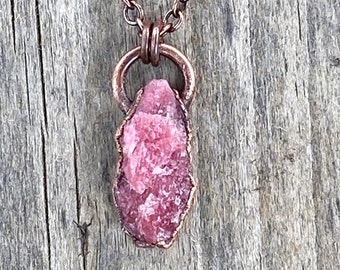 Amulet Raw free form Rhodonite crystal Copper Necklace | Crystal Jewelry | Nurtures love talisman Handcrafted Gemstone Jewellery