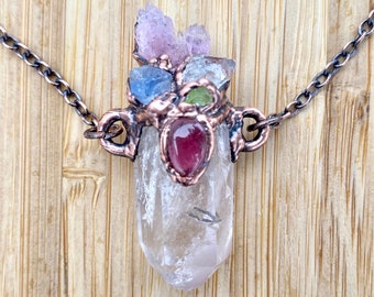 Handcrafted Amulet Lithium Quartz, Herkimer Diamond Pink Tourmaline, Rose Quartz, Dumortierite & Peridot | Anxiety Depression  Chakra