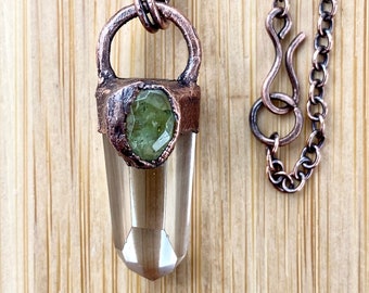 Amulet Heart and Crown Chakra Clear Quartz & Green Tourmaline Crystal Copper Pendant| Gemstones necklace jewellery Statement Gypsy |Kundalin