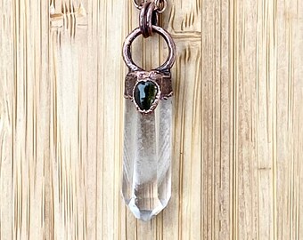 Amulet Rare Phantom Quartz & Green Tourmaline copper necklace| Crystal Clear | Natural Gemstones |Vintage statement jewellery kundalini