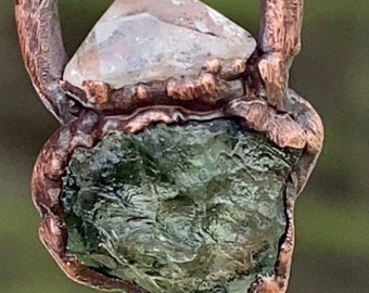 Amulet Shakti Goddess of Love Moldavite and Herkimer Diamond copper necklace| Genuine natural Moldavite copper | Moldavite from Czech