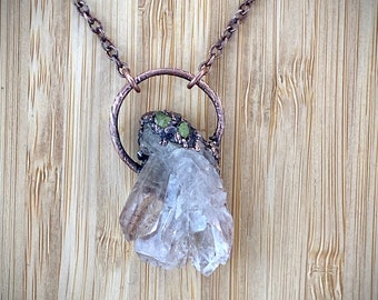 Amulet Clear Quartz Cluster & peridot copper necklace| Crystal Clear Quartz | Natural Gemstones | Kundalini awakening jewellery