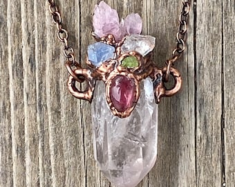 Handcrafted Amulet Lithium Quartz, Herkimer Diamond Pink Tourmaline, Rose Quartz, Dumortierite & Peridot | Anxiety Depression  Chakra