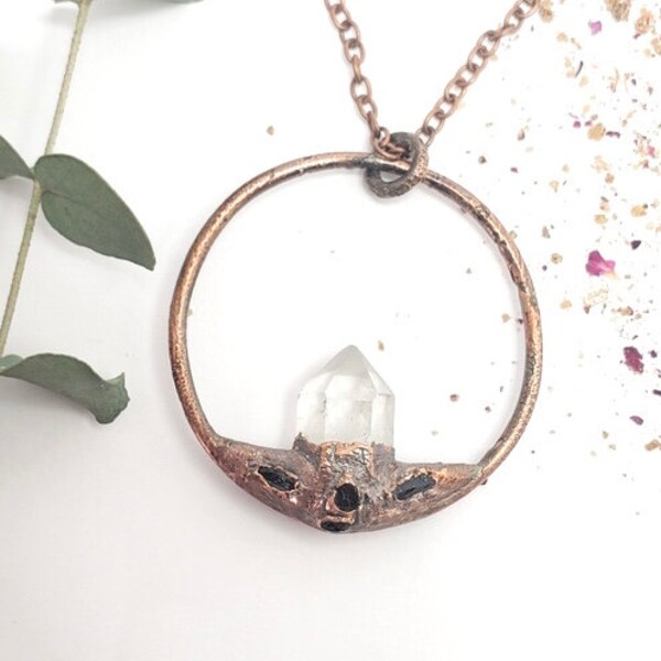 Copper pendant with Clear Quartz & | Electroformed Necklace | Copper Electro Forming | Natural Gemstones | Antique Finish| Raw crystals