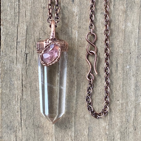 Clear Quartz & Pink Tourmaline copper necklace| Crystal Clear Quartz | Natural Gemstones | Gemstone Jewelry copper necklace