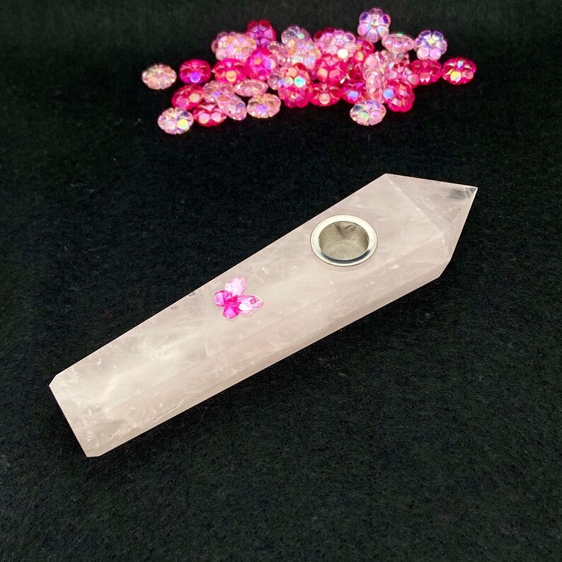 Rose Quartz Crystal Pipe, Crystal Pipe, Gemstone Pipe, Smoker Gift, Gift for Smoker, Pretty Pink Pipe, Natural Stone Pipe, Butterfly Pipe image 2