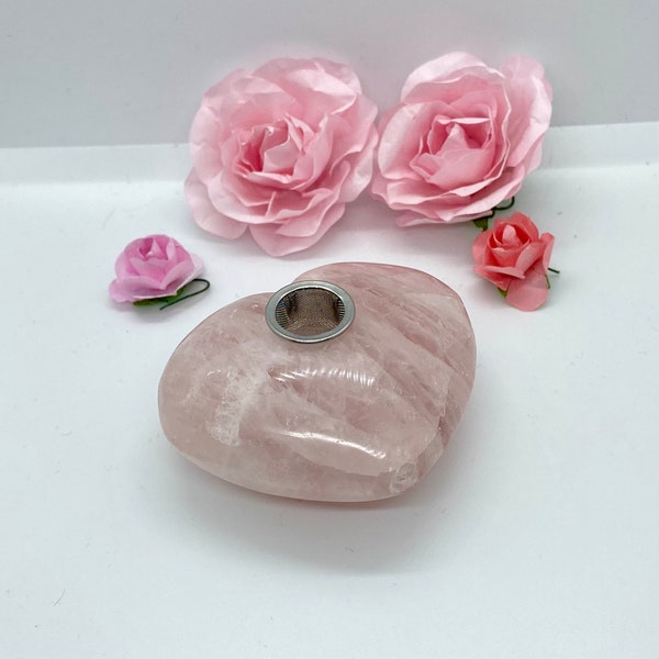 Rose Quartz Crystal Heart Pipe Kit, Heart Pipe for Smoking, Fun Shaped Crystal Pipe, Crystal Pipe Filters and Brush