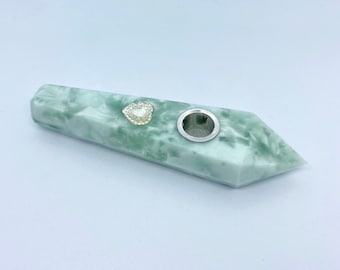 Snowflake Crystal Pipe, Stone Pipe, Snowflake Wand, Gemstone Pipe, Green and White Pipe, Cute Pipe, Pretty Pipe, Unique Pipe, Smoker Gift