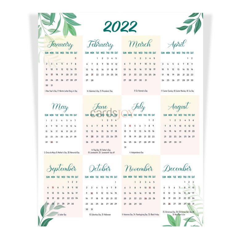 2022 printable calendar yearly calendar pdf calendar clean etsy
