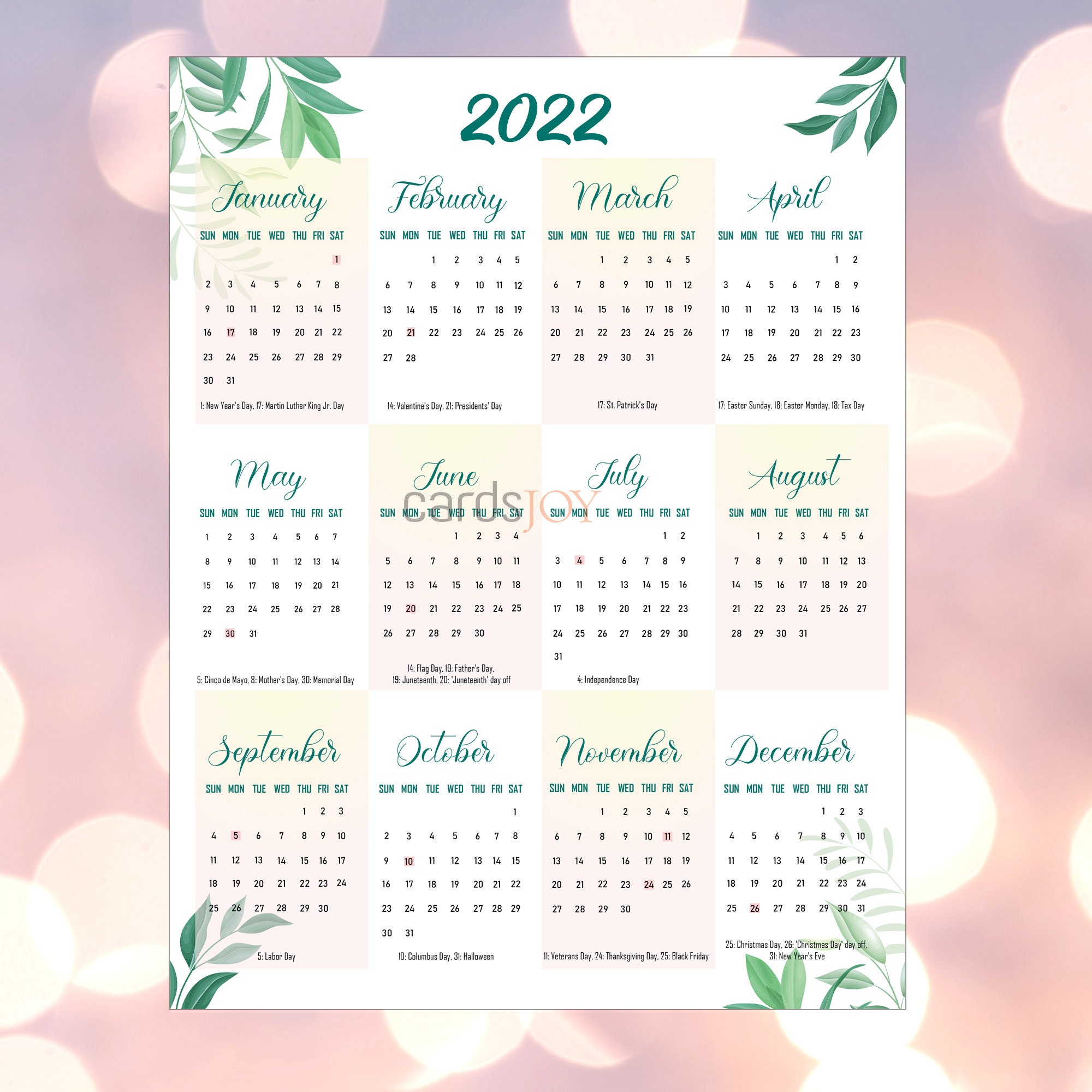 2022 printable yearly calendar pdf calendar clean design etsy