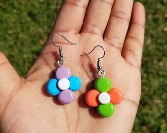 Colorful Flower Earrings, Polymer Clay Chunky Floral, Personalize, Handmade, Retro, Funky, Summer, Charm, Indie