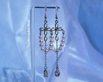 Grunge Pearl Earrings | Cross Dangly Y2K jewelry alt goth punk edgy silver | Cross Pearl by The Berry Box Shop