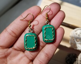 Green Rectangular Hoop Earrings, Royal green and Gold, Dangle, 2in(2.54cm), Hooped clay earrings by The Berry Box Shop