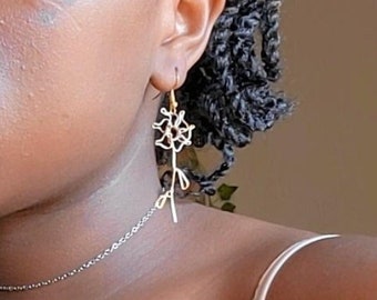 Gold Wire Flower Earrings, Handmade,Wire Wrapped, Huggies, Floral Charm, Long, Spring, Six Petals, Indie, Light Weight