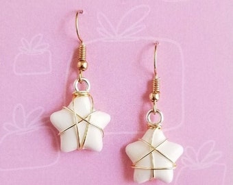 White Star Earrings, Wire Wrapped, White Gold Clay Earrings, Dangle Huggies, Celestial, Polymer Clay, Shiny Star