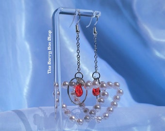 Hearl Pearl Hoops | alt goth punk edgy silver | Blood Charm Silver Chain Dangly | Earrings by The Berry Box Shop
