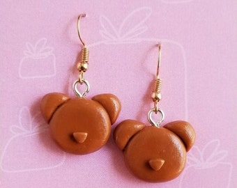 Bear Earrings, Handmade Animal, Polymer Clay Brown Charm, Jewelry, Gold, Silver, Grizzly, Huggies, Clay Bear Earrings