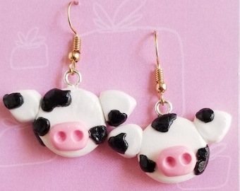 Cow Earrings, Black and White, Animal Polymer Clay, Dangle, Huggie, Gold, Silver, Cow Print, Farm, Dairy Cow, Cowleta