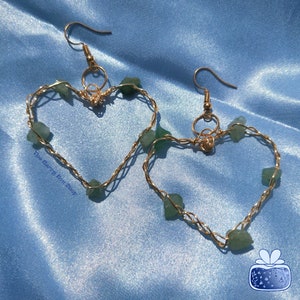 Gold Heart Hoops Earrings with Wire Wrapped Crystals | Rose Quartz and Jade | Symphony Love by The Berry Box Shop