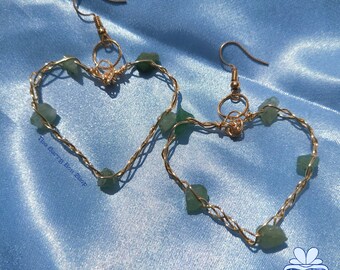 Gold Heart Hoops Earrings with Wire Wrapped Crystals | Rose Quartz and Jade | Symphony Love by The Berry Box Shop