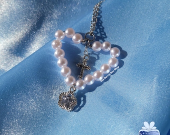 Y2K Pearl Heart Necklace | Gothic Cross Crystal alt goth punk edgy silver Jewelry | by The Berry Box Shop