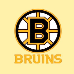 May include: A black and gold Boston Bruins logo with a white background and the word "BRUINS" in yellow letters below the logo.