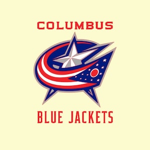 May include: Columbus Blue Jackets NHL hockey team logo featuring a blue, red and white star with a red circle and white stars on the side. The text "Columbus Blue Jackets" is below the logo.