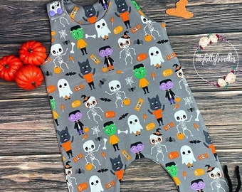 Halloween Baby Romper, unisex Romper, Harem Romper, Trick or Treat Baby Romper, Halloween Baby Clothes, Trendy kids, Rompers For Kids