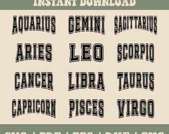 Zodiac Bundle, Zodiac Svg Png, Varsity Svg Png, Birth Sign Svg Png, Astrology Svg Png, Zodiac Sign Sublimation Png, Instant Download Svg Png