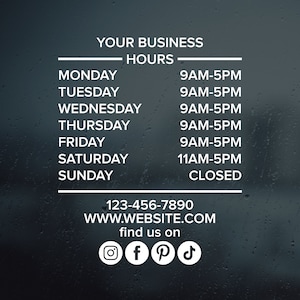 Calcomanía de vinilo personalizada con horario de tienda / Ventana frontal de la tienda / Horario de atención / Calcomanía de vinilo comercial / Pegatina con horario de tienda