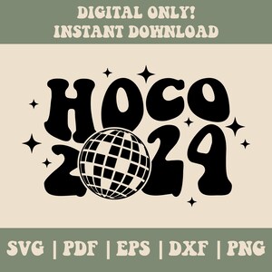 Puede incluir: Diseño gráfico en blanco y negro con el texto "HOCO 2024" en una fuente retro. Una bola de discoteca está centrada en el diseño.