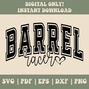 May include: Black and white graphic design of the word "BARREL" with the word "racer" written in cursive underneath. A small heart is next to the word "racer".