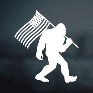 Sasquatch With Flag Vinyl Decal | Bigfoot with Flag Decal