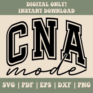 May include: Black and white graphic design of the text "CNA mode" in a varsity style font. The text is in a large, bold font with a white outline. The text is on a beige background.