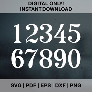 May include: A set of white numbers 1 through 0 in a stylized font. The numbers are on a dark gray background with a water droplet effect. The text "DIGITAL ONLY! INSTANT DOWNLOAD" is at the top of the image. The text "SVG | PDF | EPS | DXF | PNG" is at the bottom of the image.