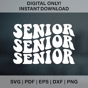 May include: Three stacked white text designs of the word "Senior" in a retro font style. The text is on a dark gray background.