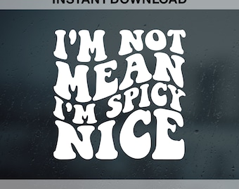 以下が含まれることがあります： 暗い背景に白いテキストで「I'm not mean I'm spicy nice」と書いてあり、波打つようなスタイリッシュなフォントで書かれています。テキストは正方形の中にあります。